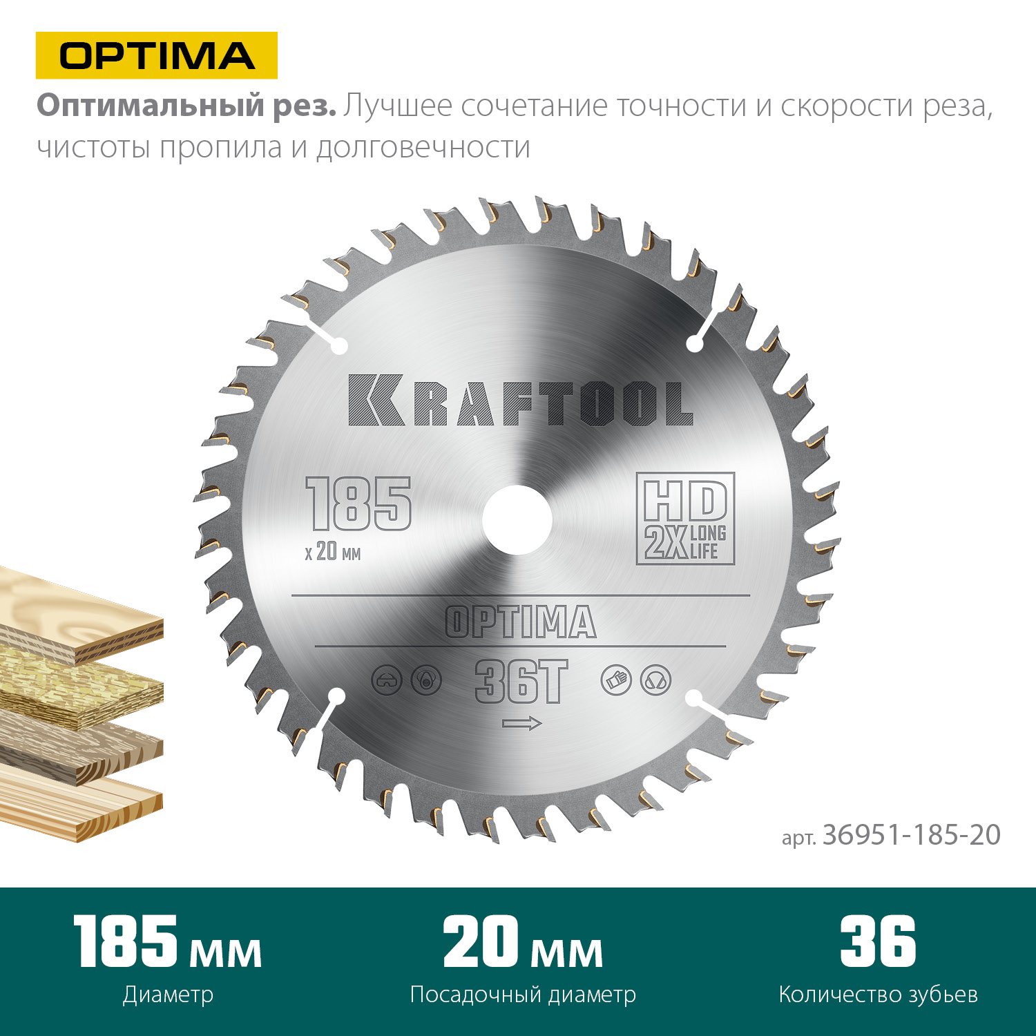 KRAFTOOL Optima 185х20мм 36Т, диск пильный по дереву