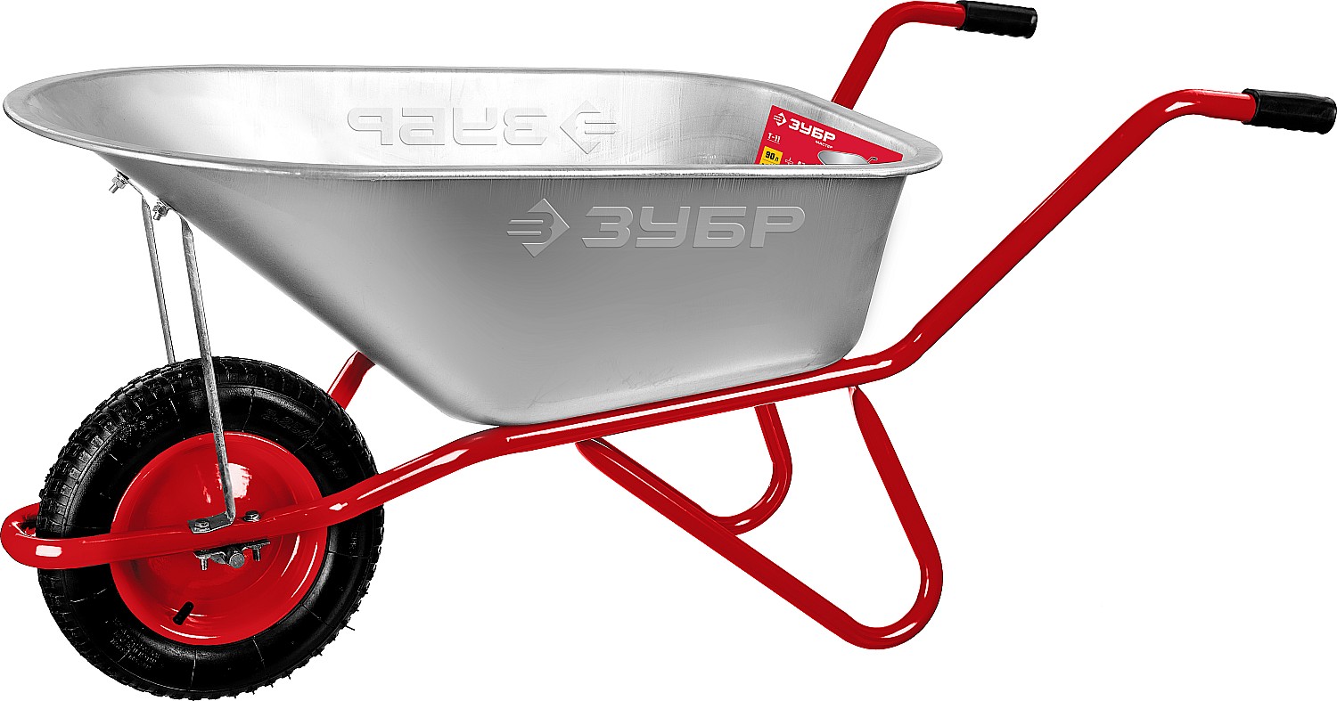 ЗУБР Т-11, 90 л, 160 кг, одноколесная, оцинкованная сталь, стальные опоры Ø25мм, садово-строительная тачка (39962)