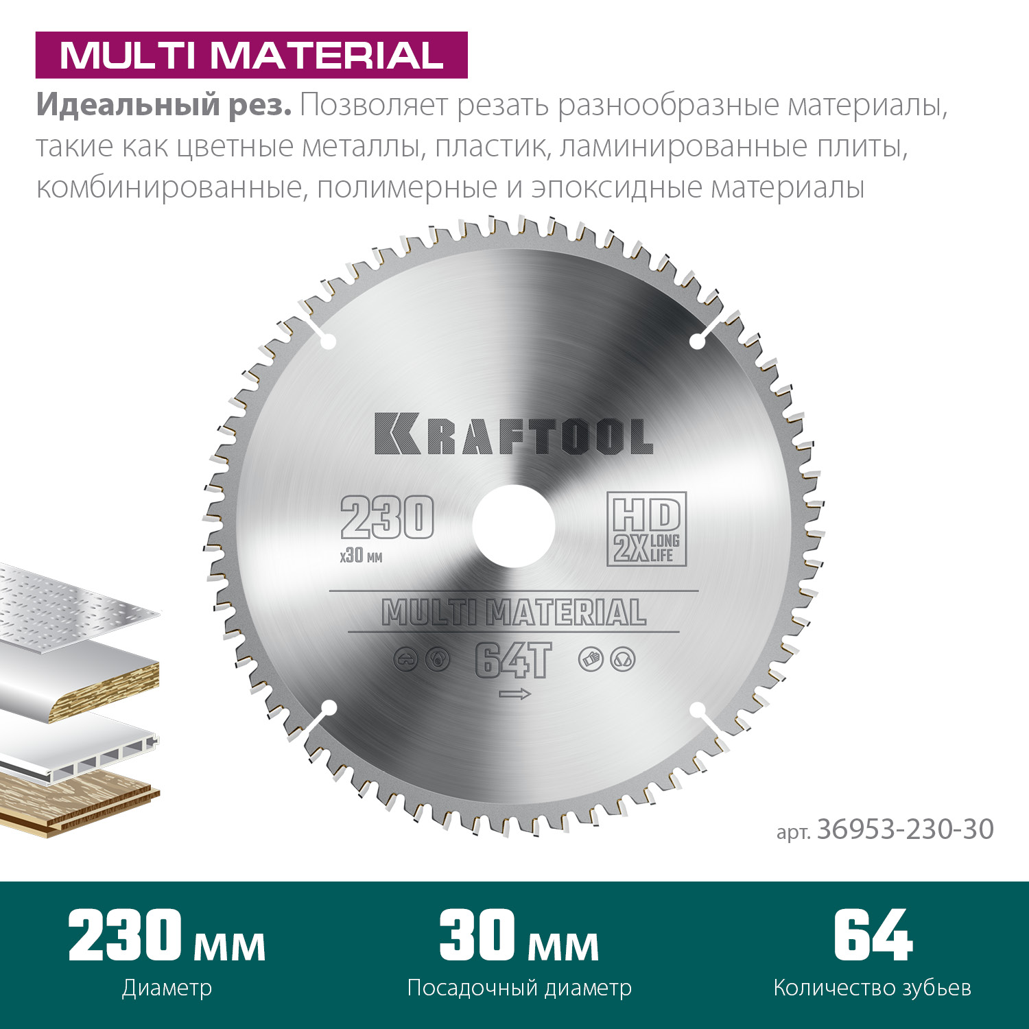 KRAFTOOL Multi Material 230х30мм 64Т, диск пильный